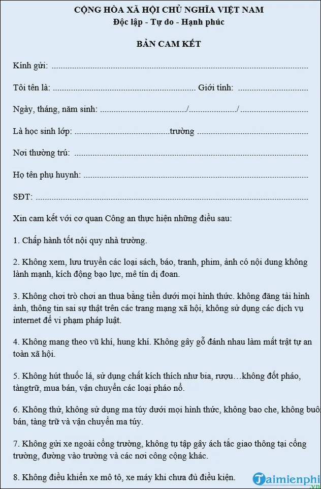 3 mẫu bản cam kết của phụ huynh và học sinh không vi phạm nội quy trườ