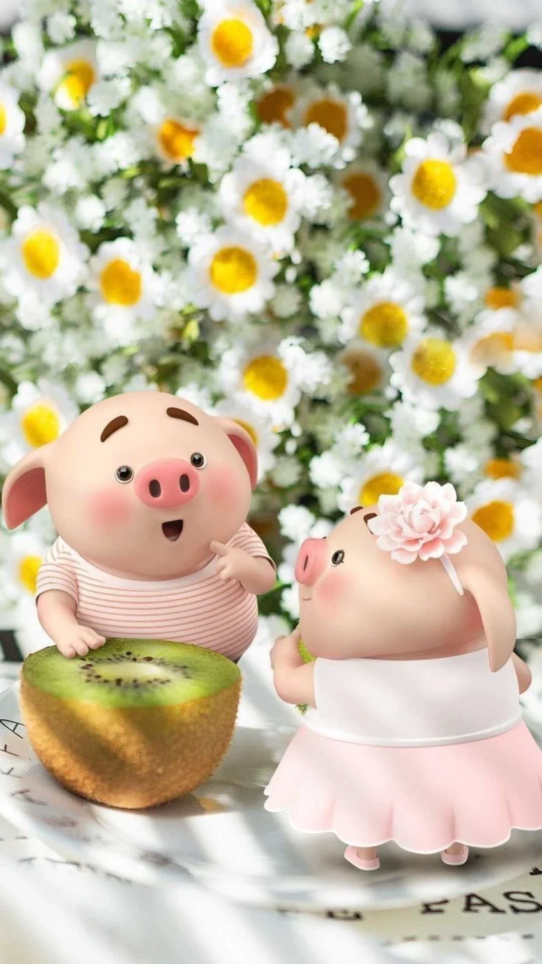 Hình nền Zalo chú heo hoạt hình bên hoa cúc