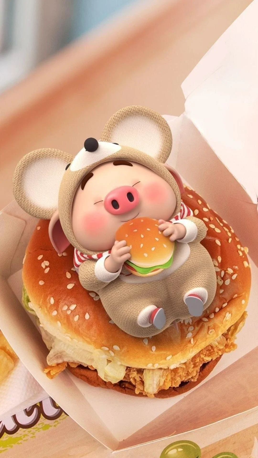 Hình nền Zalo chú heo hoạt hình ăn hamburger vui vẻ