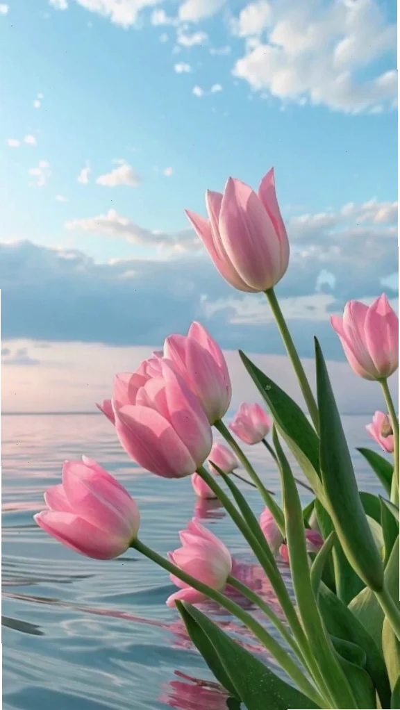 Tulip dịu dàng bên trời nước xanh biếc