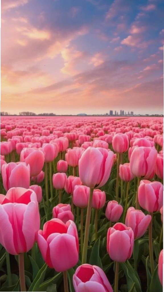 Cánh đồng tulip hồng rực rỡ trong ánh hoàng hôn