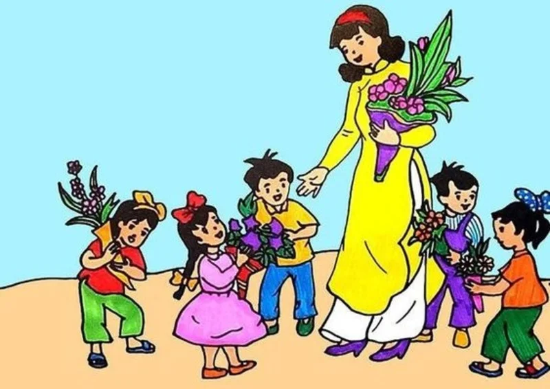 Tranh 20 11 minh họa cô giáo và học sinh tặng hoa vào ngày Nhà giáo Việt Nam