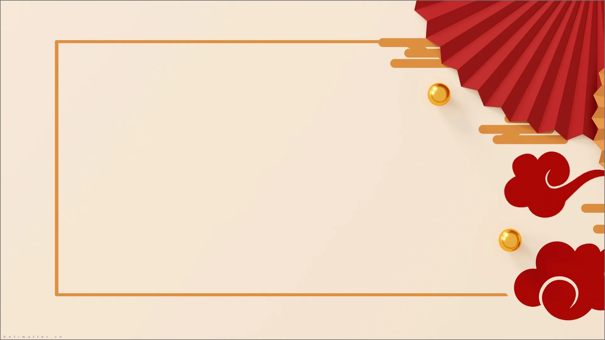 Hình nền powerpoint khung viền cam với quạt đỏ và mây cách điệu
