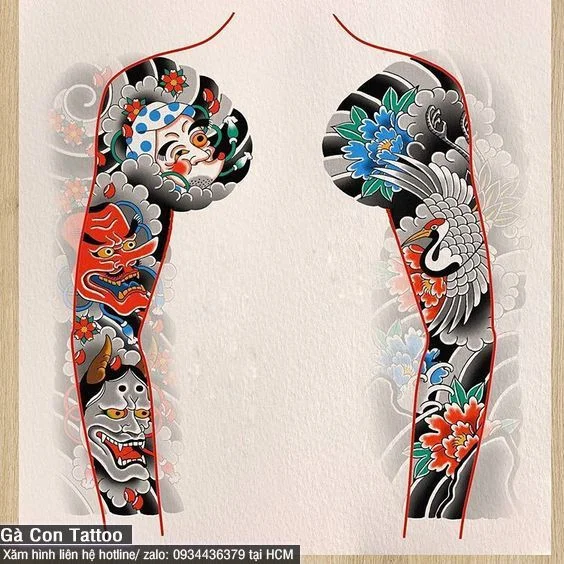 Hình xăm Nhật cổ full tay đẹp - Gà Con Tattoo