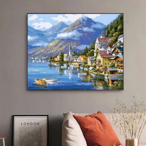 Tranh số hóa phong cảnh châu Âu ngôi làng Hallstatt