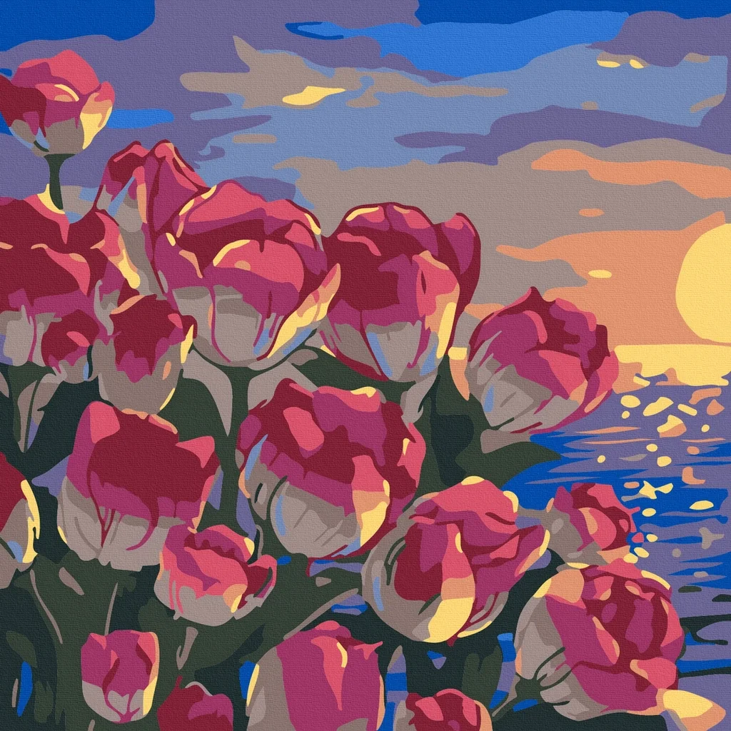 Tranh số hóa bó hoa tulip hồng bình minh