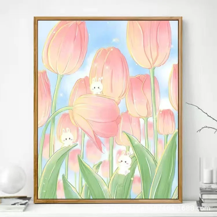Tranh số hóa hoa tulip pink và thỏ trắng