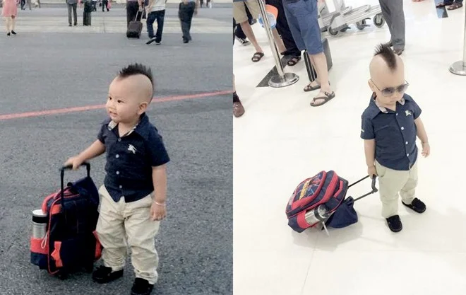 Bé trai với kiểu tóc mohawk cá tính tại sân bay