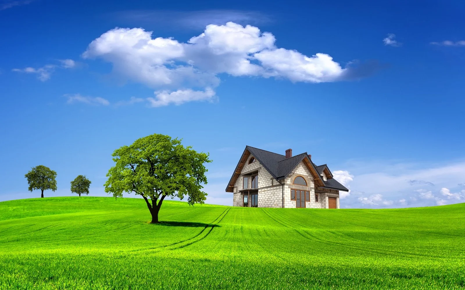 Hình nền máu tính thiên nhiên thảm cỏ xanh ngôi nhà lợp ngói