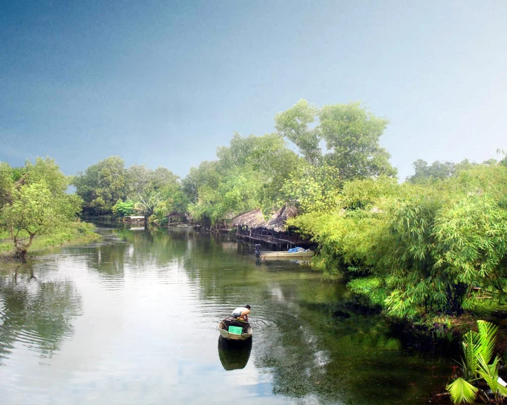 Phong cảnh thiên nhiên con thuyền giữa miền sông nước