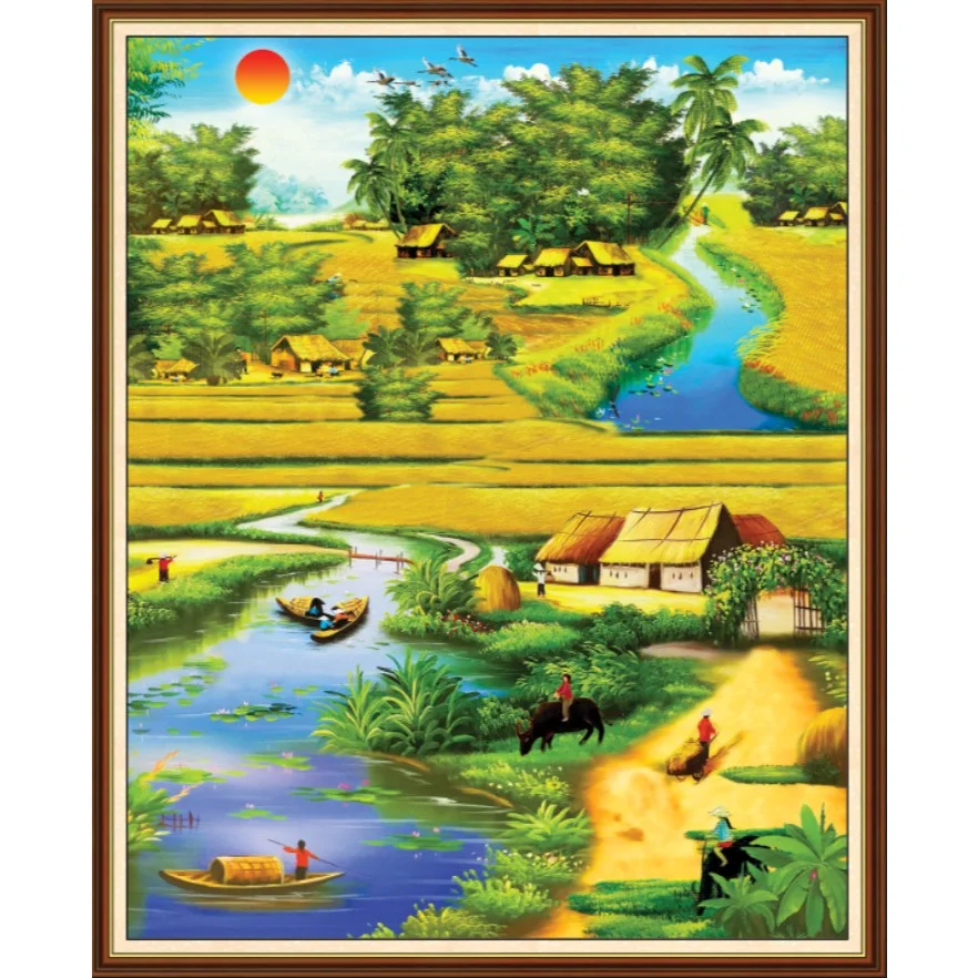 Tranh đồng quê khổ dọc, vải lụa 3d dán tường dán cầu thang,dán tường âm tặng keo nhận in kích thước đặt