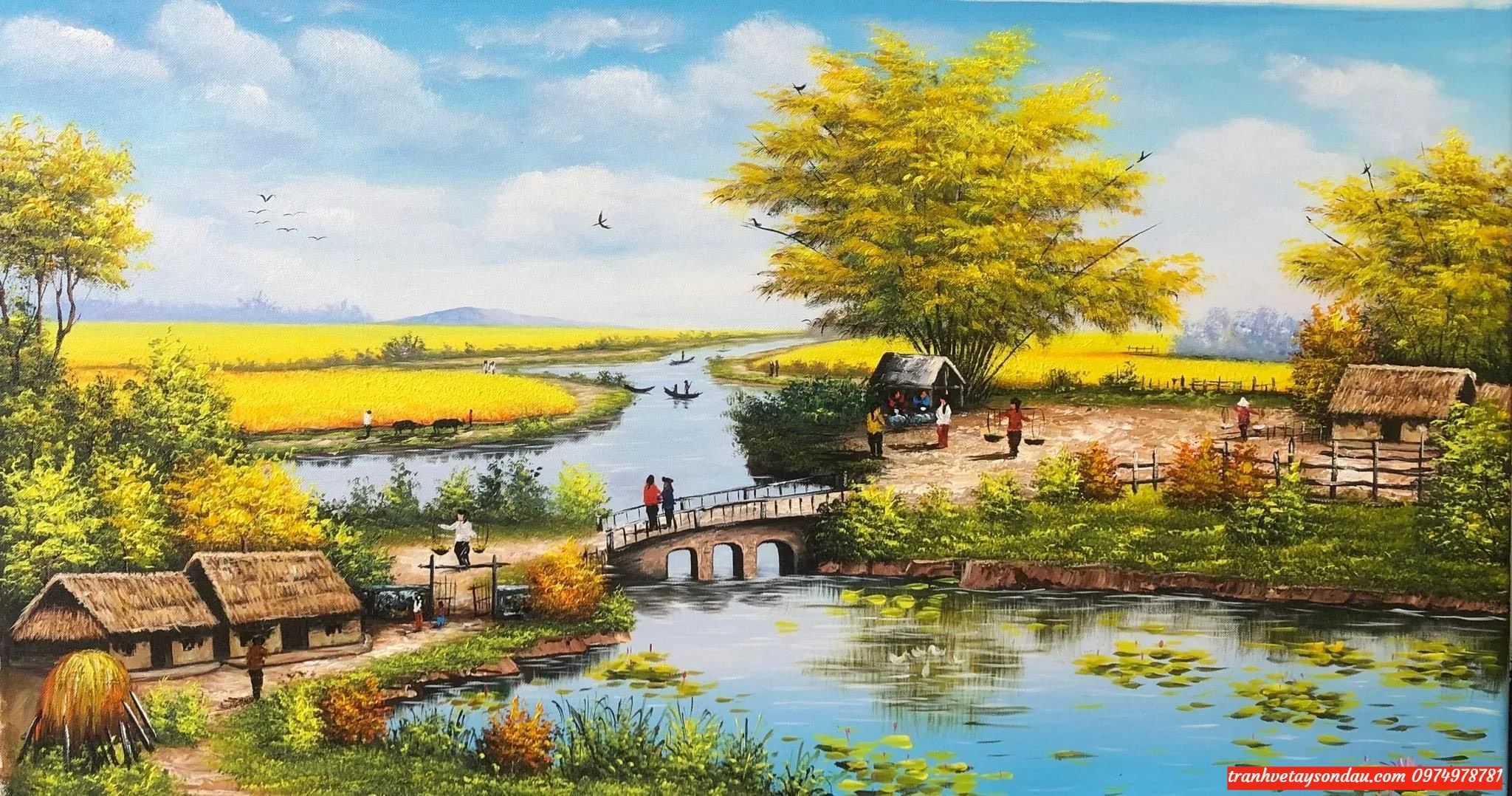 Tranh vẽ phong cảnh làng quê Việt Nam bên dòng sông nhỏ