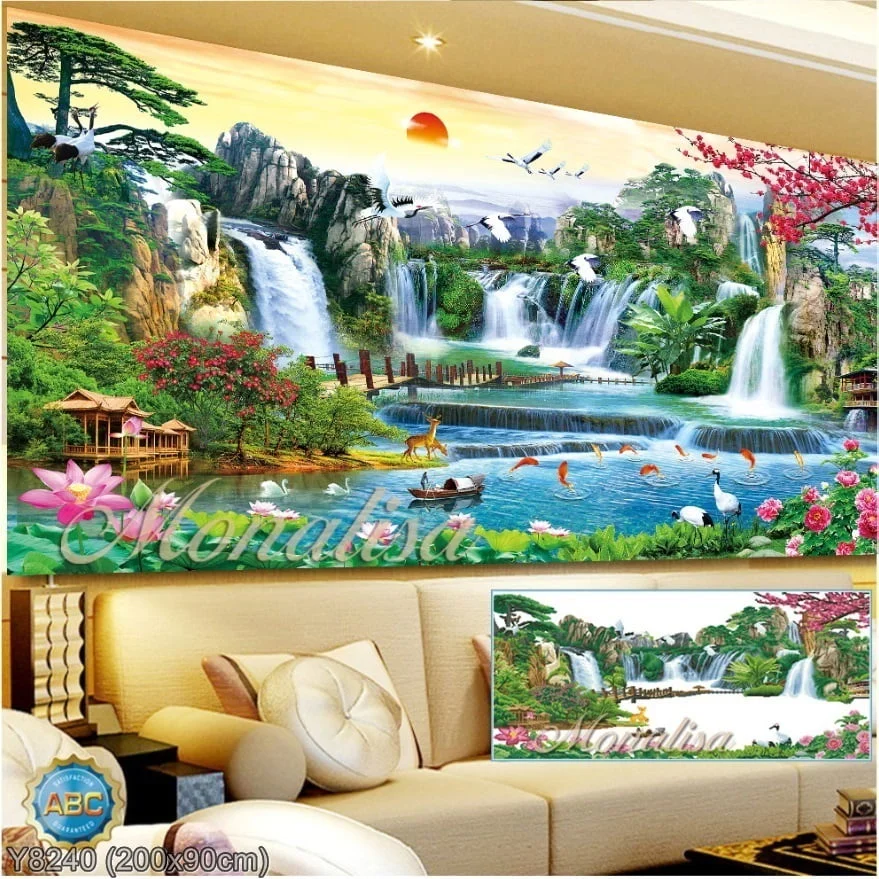 Tranh đính đá khổ lớn phong cảnh sơn thủy hữu tình treo phòng khách đẹp