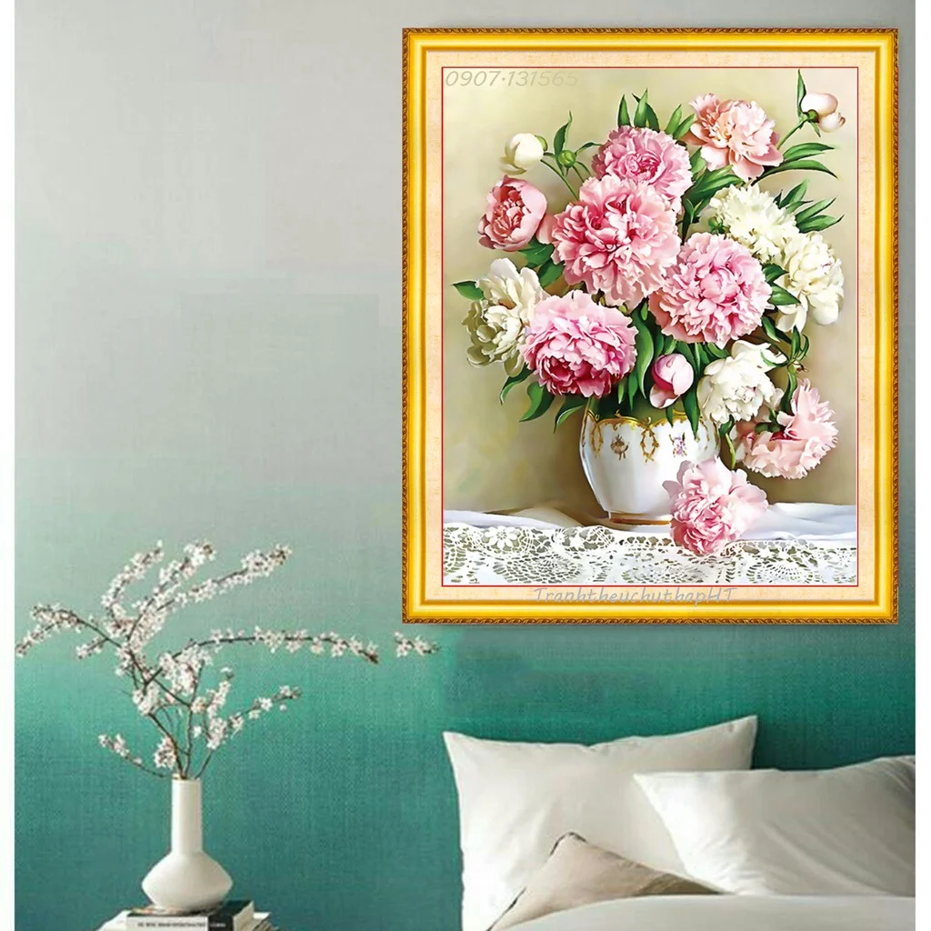 tranh đính đá bình hoa mẫu đơn trang trí