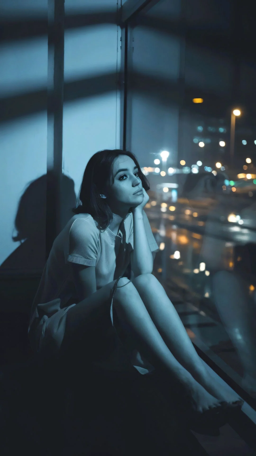 Người ngồi một mình trước cửa sổ nhìn thành phố ban đêm, cảm giác cô đơn.