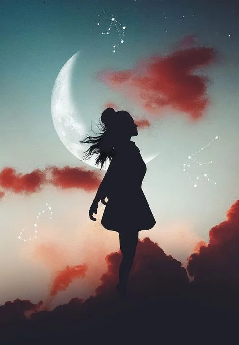 Hình mờ cô gái đứng dưới mặt trăng và mây đỏ, phong cách minh họa, ảnh cô đơn