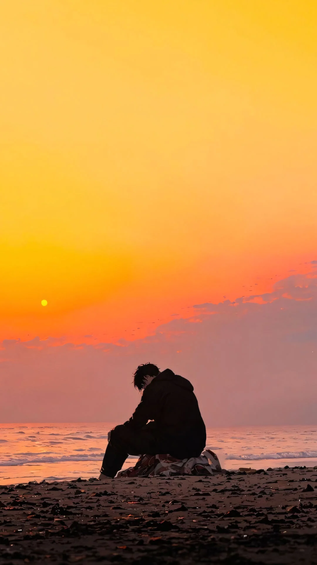 người đàn ông ngồi cúi đầu cô đơn trên bãi biển lúc hoàng hôn