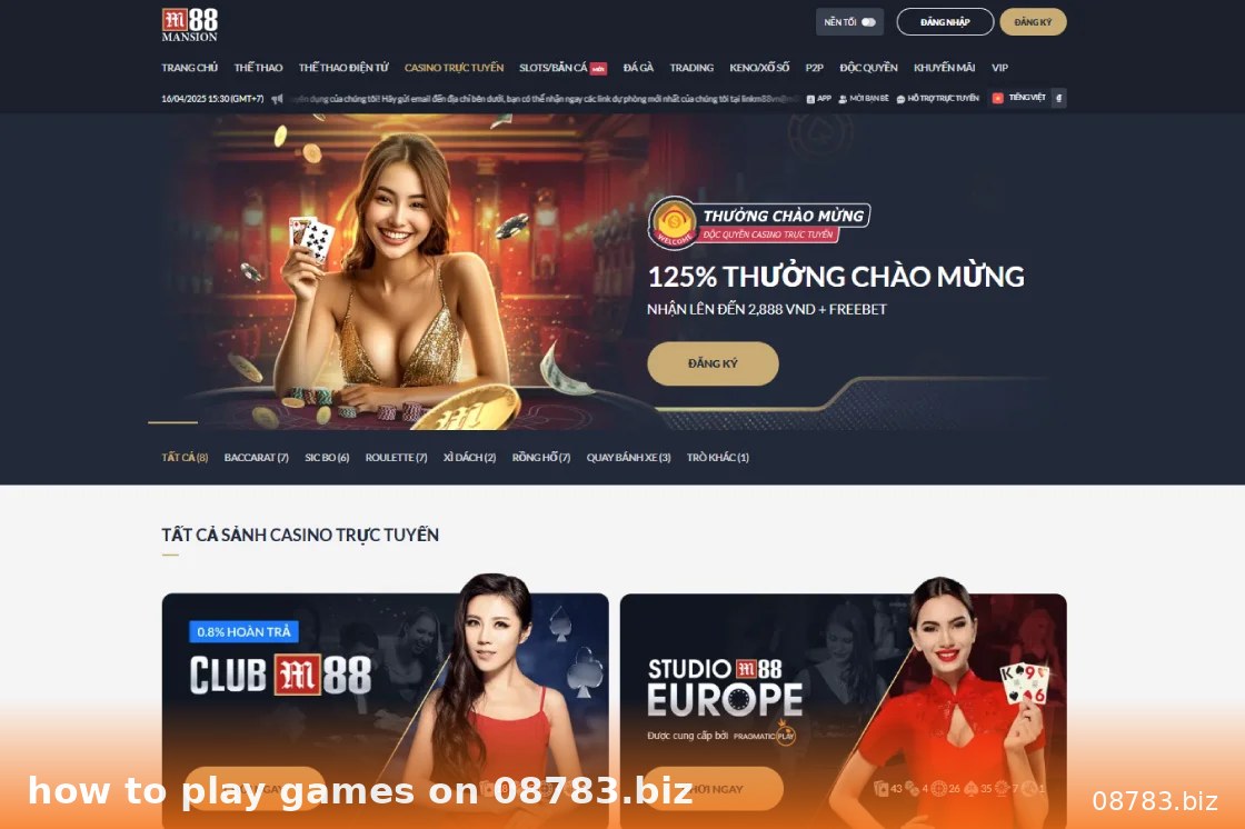 Giao diện trang 08783.biz minh họa how to play games on 08783.biz với casino trực tuyến, người chia bài và khuyến mãi