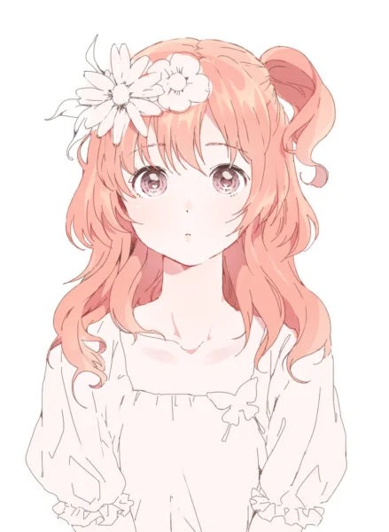 cô gái anime với mái tóc hồng cài hoa, một hình vẽ cute đáng yêu