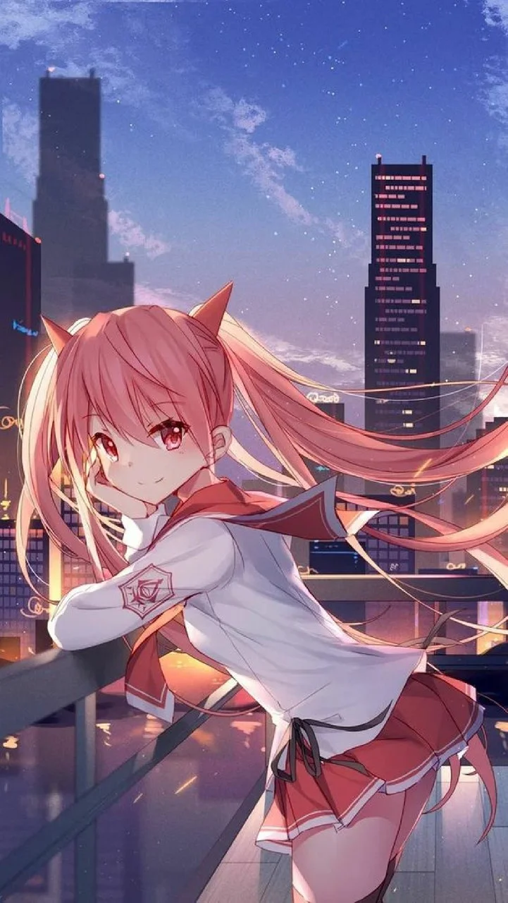 Ảnh anime girl dễ thương đang đứng ngắm nhìn thành phố về đêm.