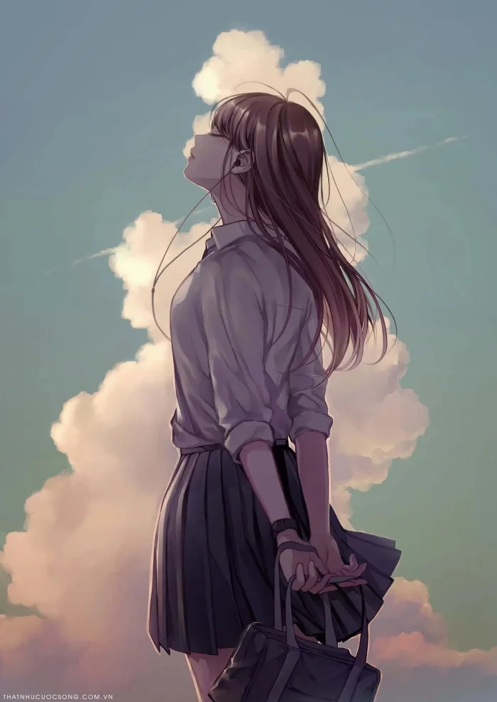Ảnh học sinh anime đang đứng hóng gió trời.