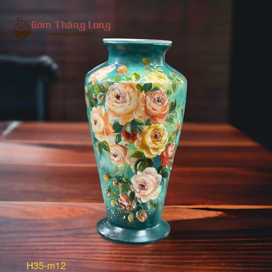 Bình Hoa Bát Tràng Vẽ Tay Hoa Hồng - Gốm Thăng Long