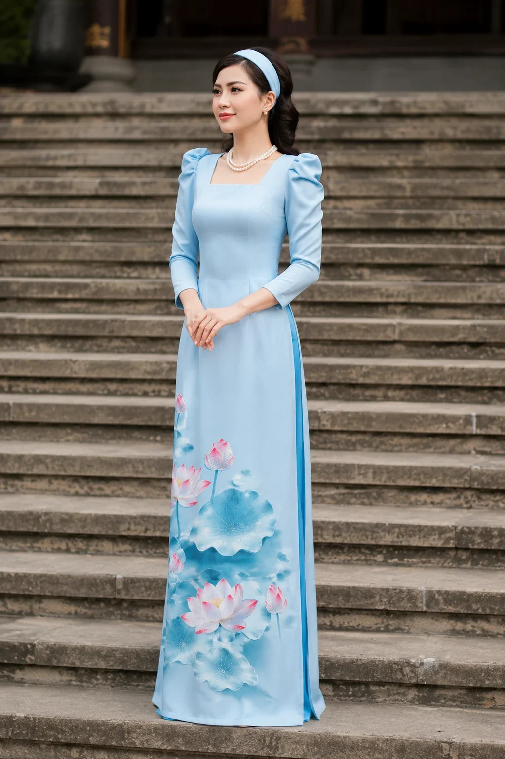 Mẫu áo dài đẹp màu xanh dương nhạt với họa tiết hoa sen tinh tế cho phụ nữ Việt Nam
