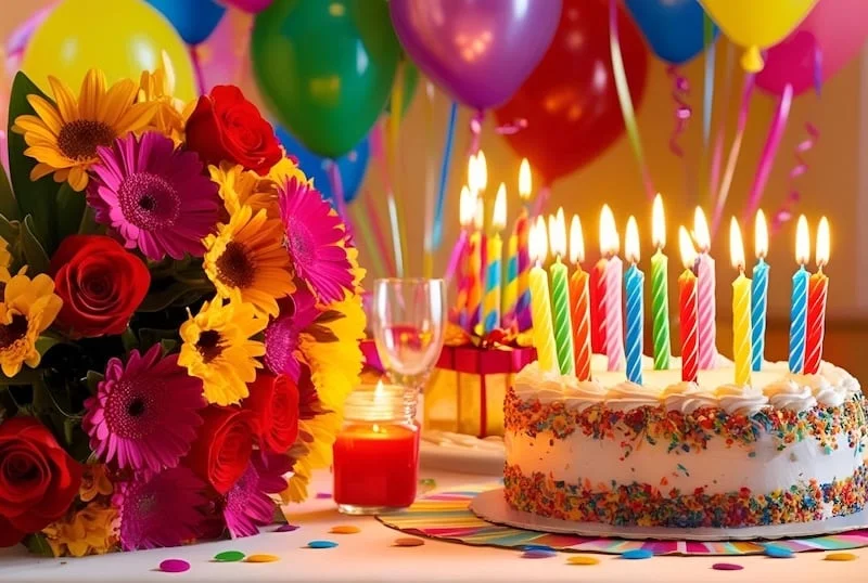 Hình ảnh bó hoa đồng tiền và bánh kem tặng sinh nhật mẹ