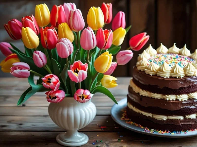 Ảnh bó hoa tulip và bánh sinh nhật đẹp tặng người yêu lãng mạn