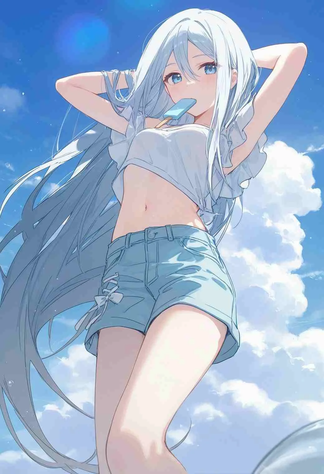 Cô gái anime tóc trắng xinh đẹp dưới bầu trời xanh