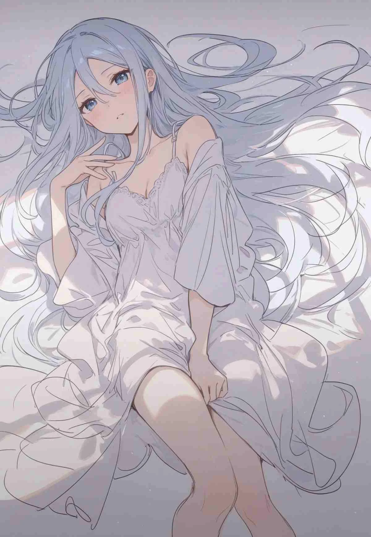 Cô gái anime tóc trắng trong chiếc váy trắng tinh khôi