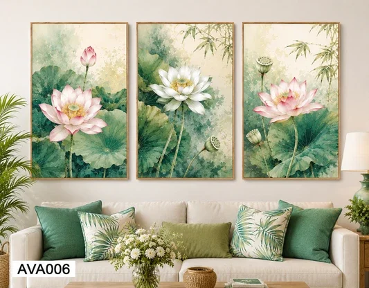 Bộ tranh treo tường hoa sen nghệ thuật phong cách màu nước trang trí phòng khách