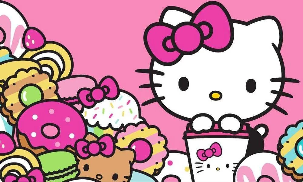 Ảnh Hello Kitty bên cạnh các loại bánh ngọt nhiều màu sắc