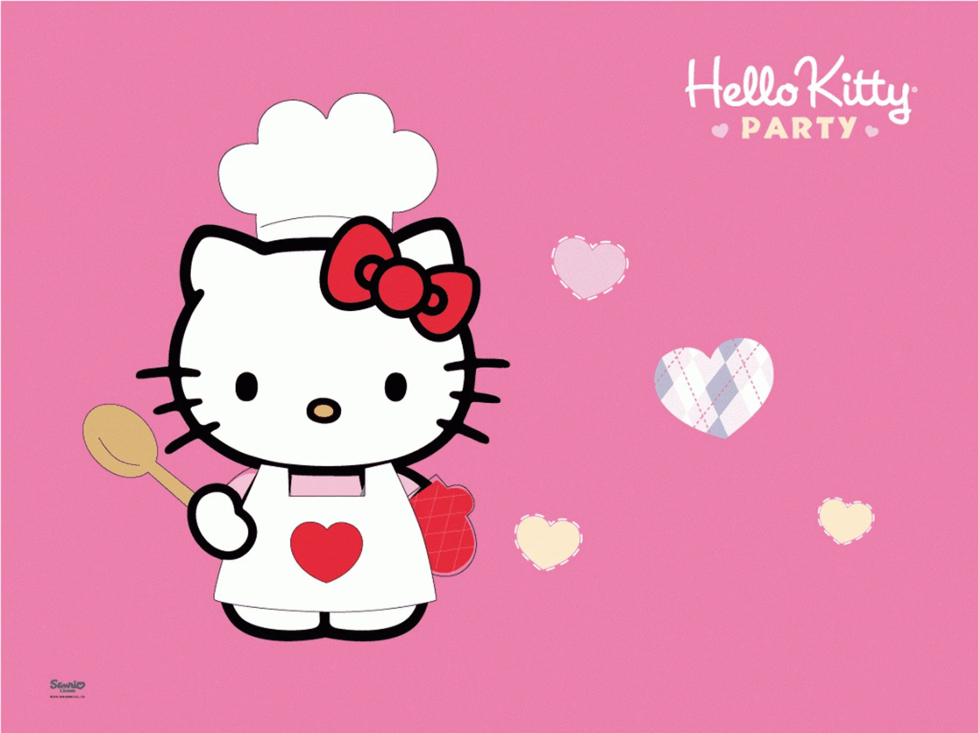 Ảnh Hello Kitty trong trang phục đầu bếp đáng yêu trên nền màu hồng.