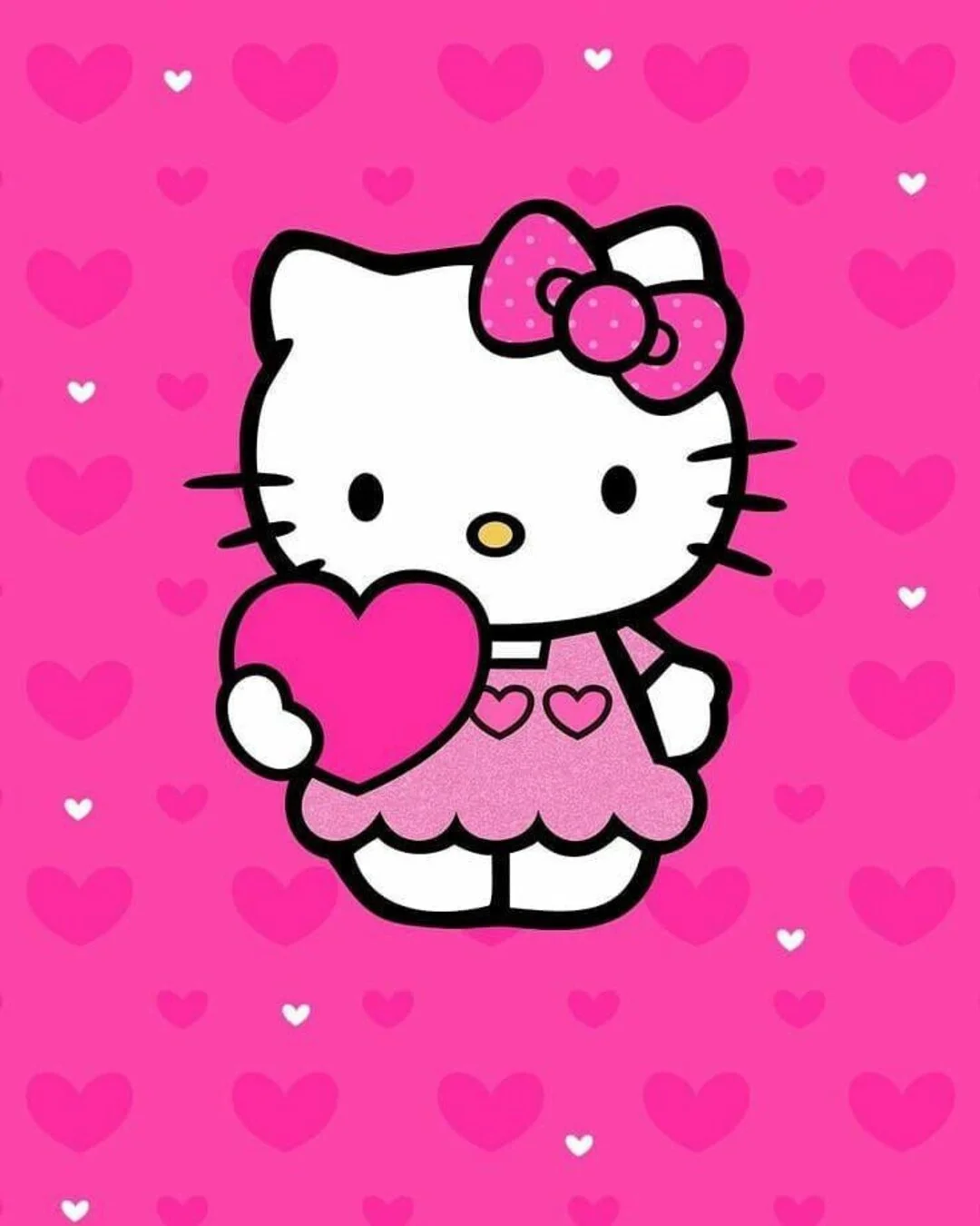Ảnh Hello Kitty cầm trái tim dễ thương trên nền hồng.