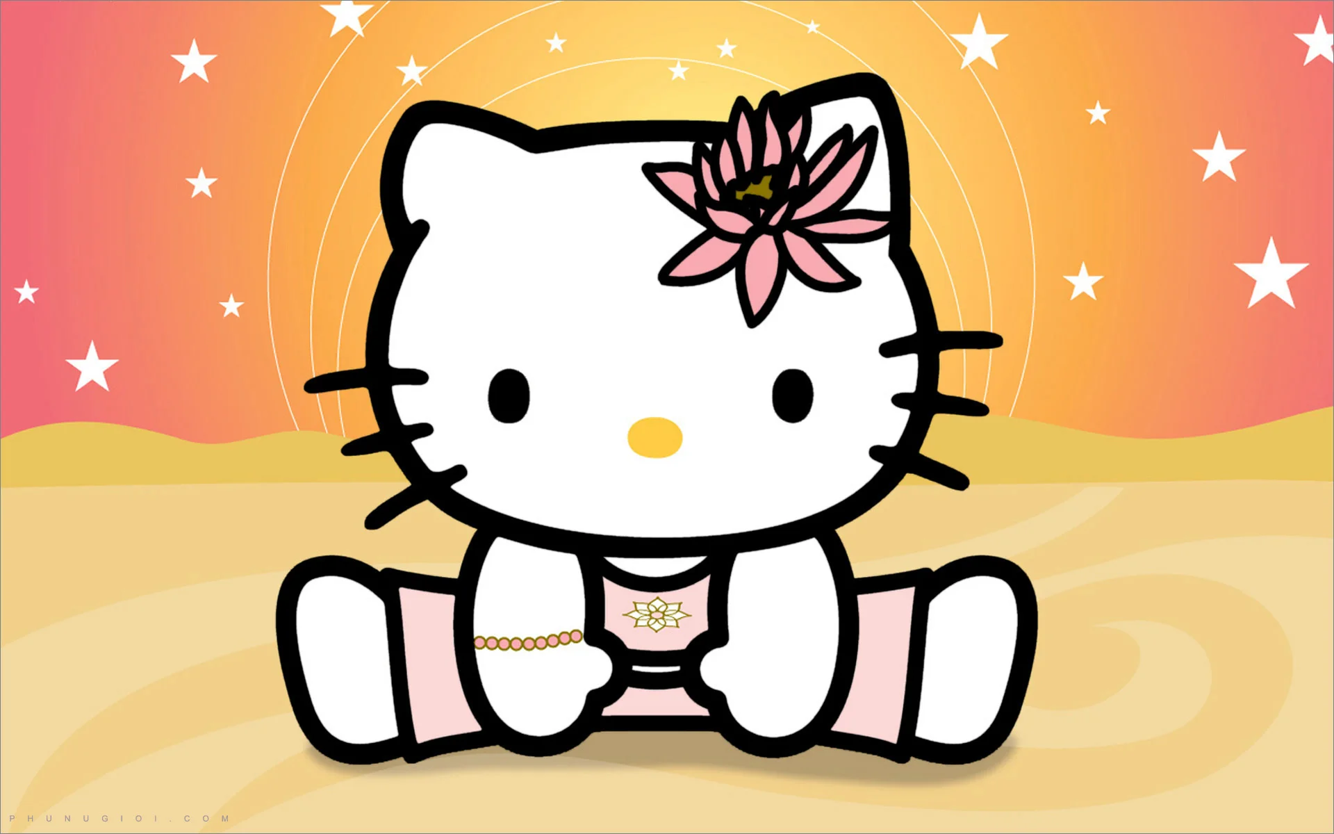 Ảnh Hello Kitty ngồi trên nền phong cảnh màu cam vàng ấm áp
