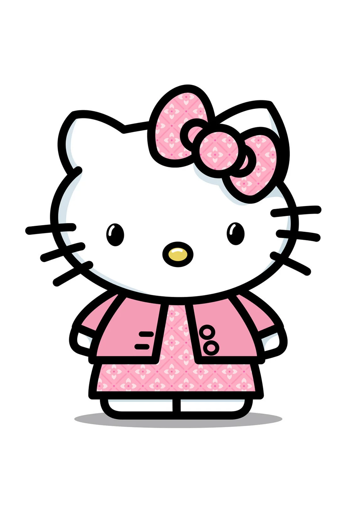Ảnh Hello Kitty mặc áo khoác hồng đứng trên nền trắng