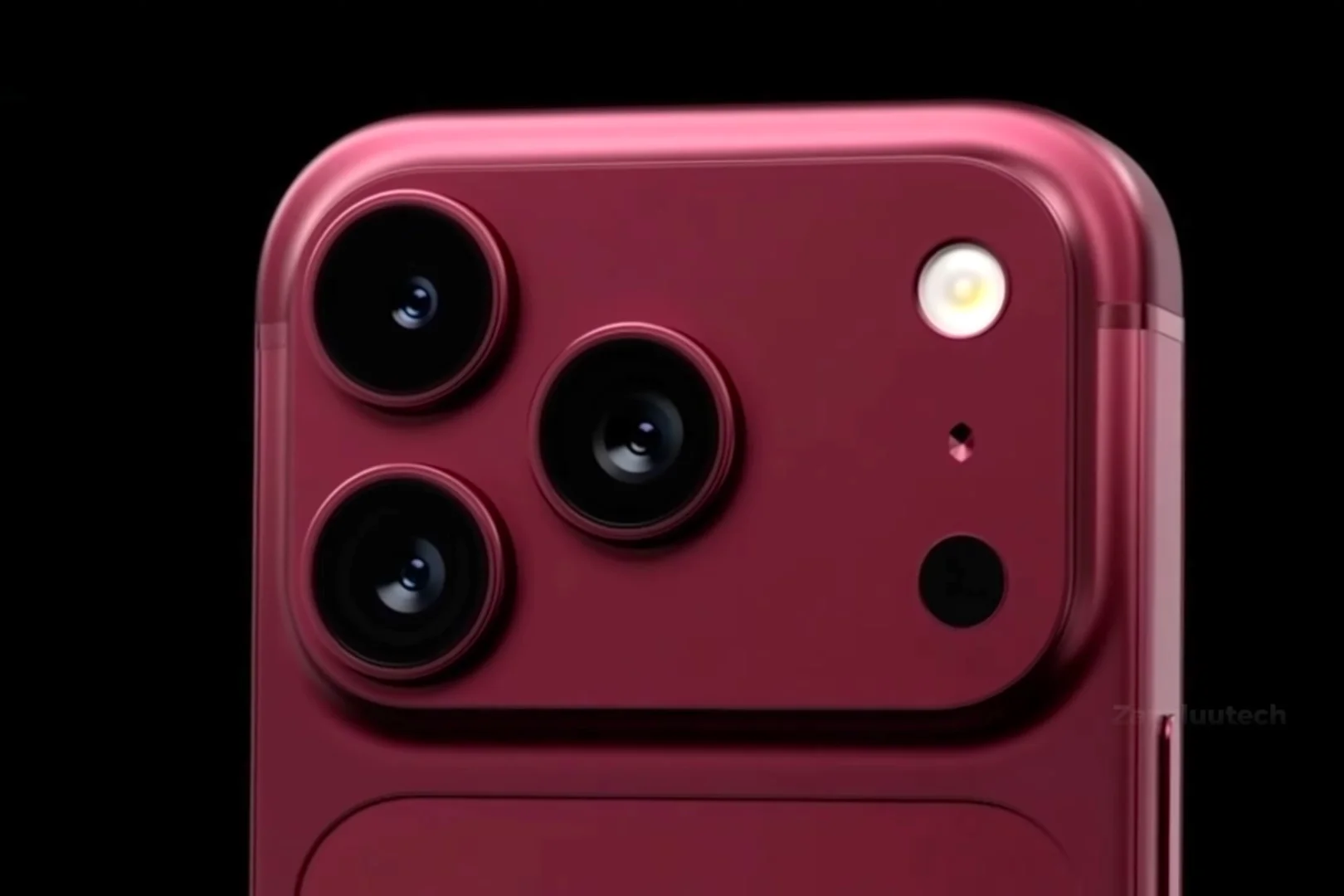 Hình ảnh cận cảnh thiết kế cụm camera của mẫu iPhone 18 Pro Max với tông màu đỏ sang trọng.