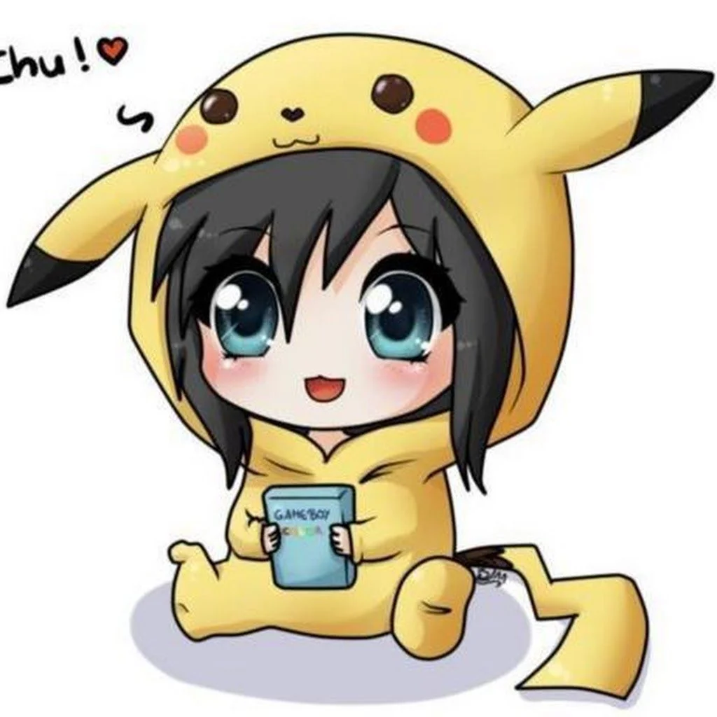 Hình cute chibi nhân vật anime mặc đồ Pikachu cầm máy chơi game