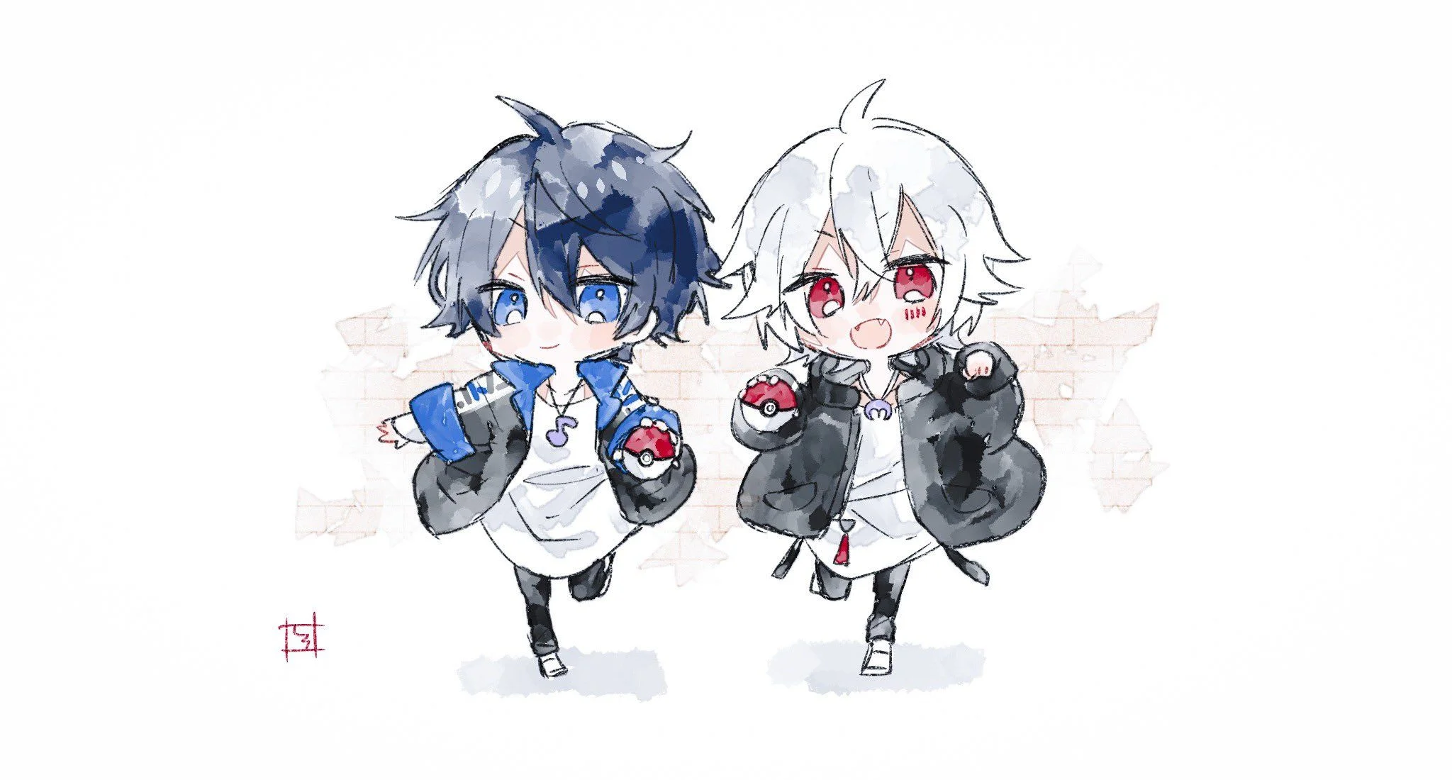 Hai nhân vật anime phong cách hình cute chibi đang chạy vui vẻ
