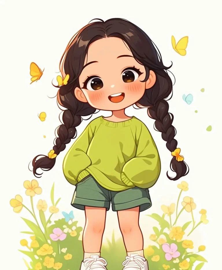 cô bé hoạt hình cute chibi giữa vườn hoa