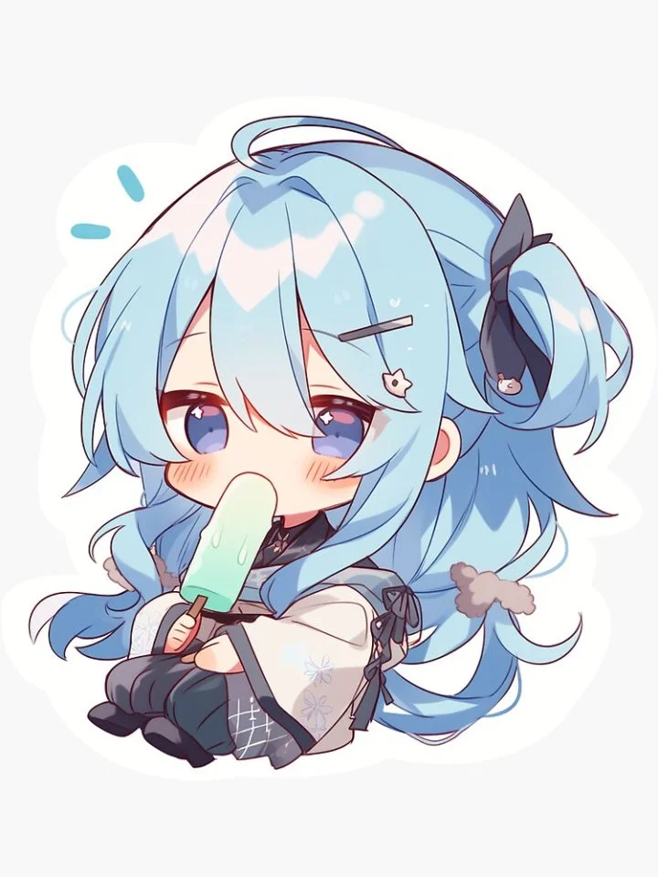 hình cute chibi cô gái anime tóc xanh ăn kem