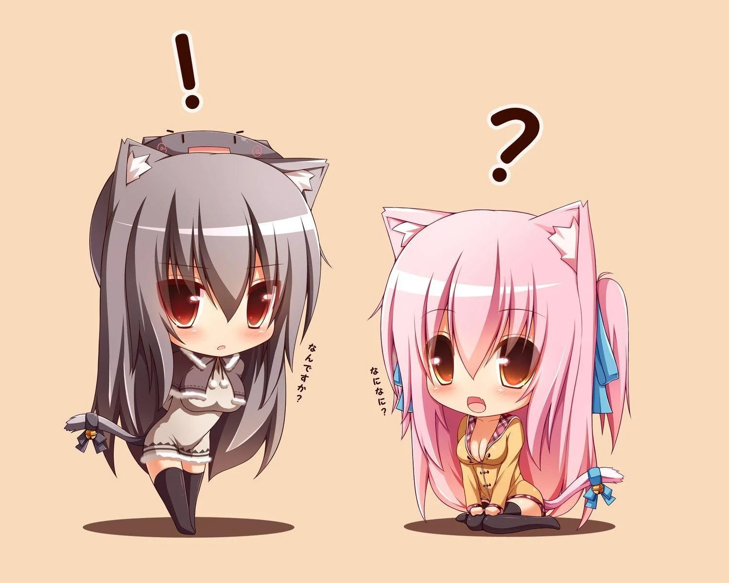 hình cute chibi hai nhân vật anime tai mèo với biểu cảm ngộ nghĩnh