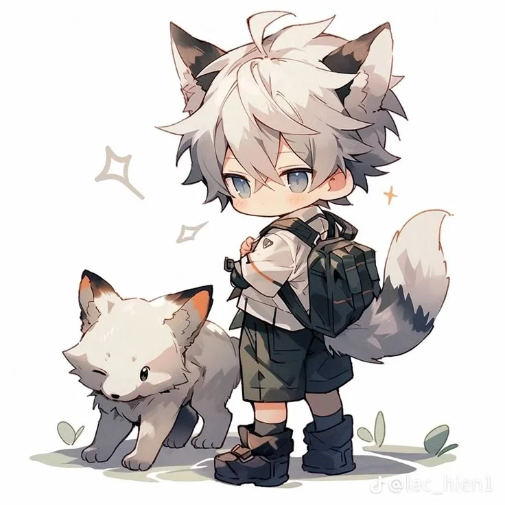 Hình cute chibi cậu bé tai sói và chú cáo nhỏ phong cách anime