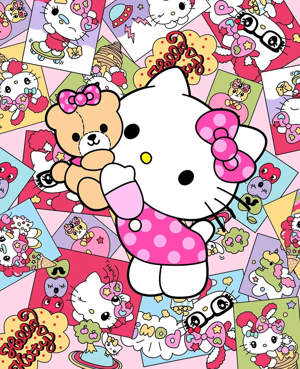 Ảnh Hello Kitty dễ thương với thiết kế collage nghệ thuật rực rỡ