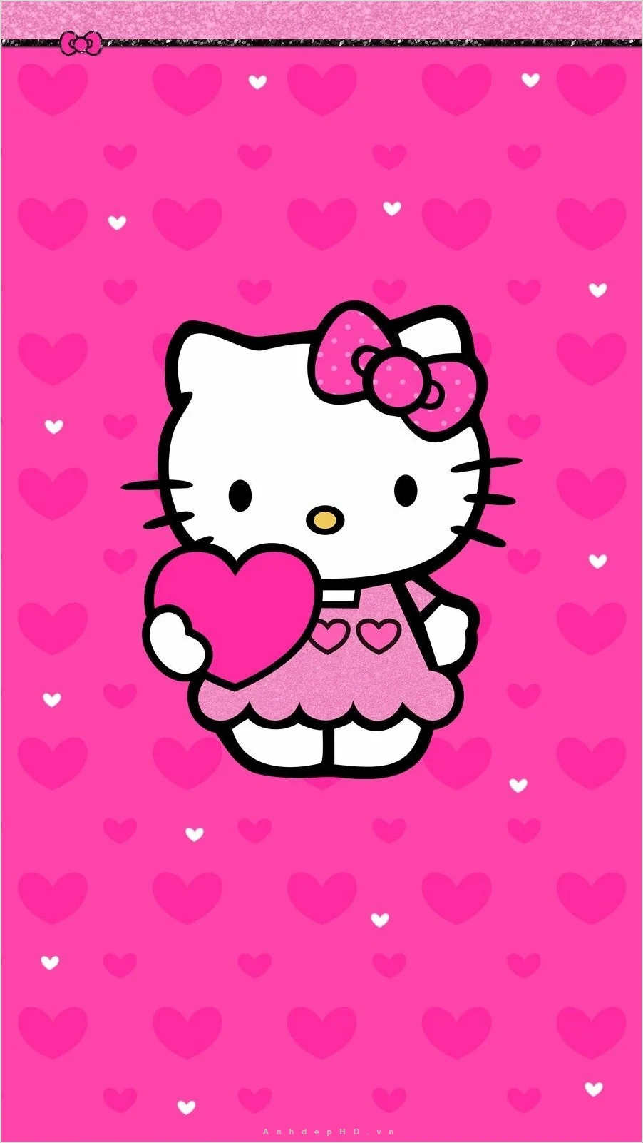 Hình ảnh Hello Kitty dễ thương với nền trái tim màu hồng làm ảnh nền điện thoại.