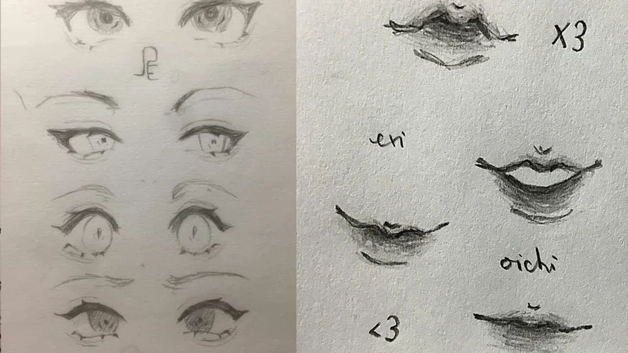 Các ý tưởng vẽ mắt và miệng anime chi tiết trên giấy trắng.