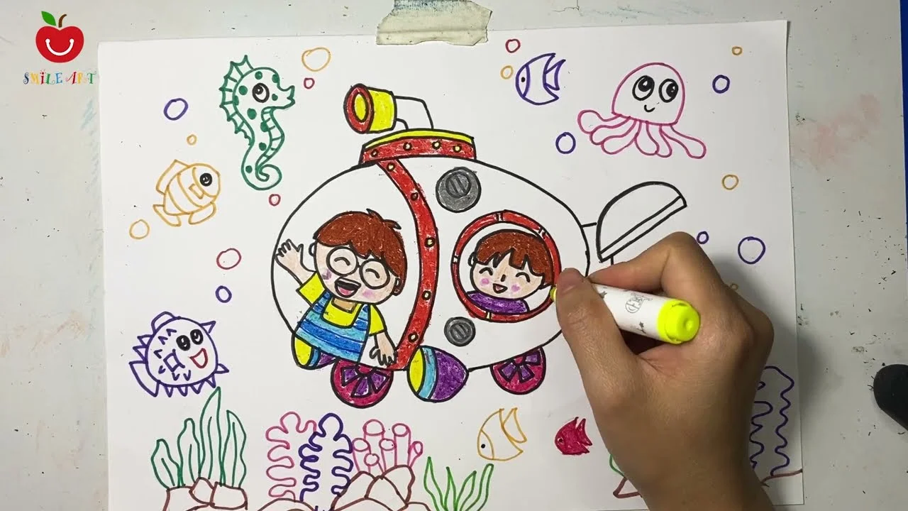 Ý tưởng vẽ tàu ngầm dưới biển dành cho trẻ em với màu sắc sinh động.