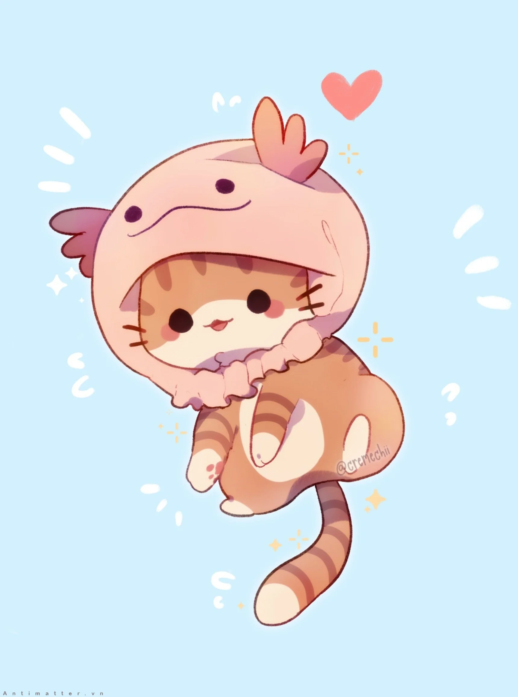Hình ảnh con mèo cute mặc đồ kỳ giông màu hồng cực đáng yêu trong phong cách hoạt hình chibi
