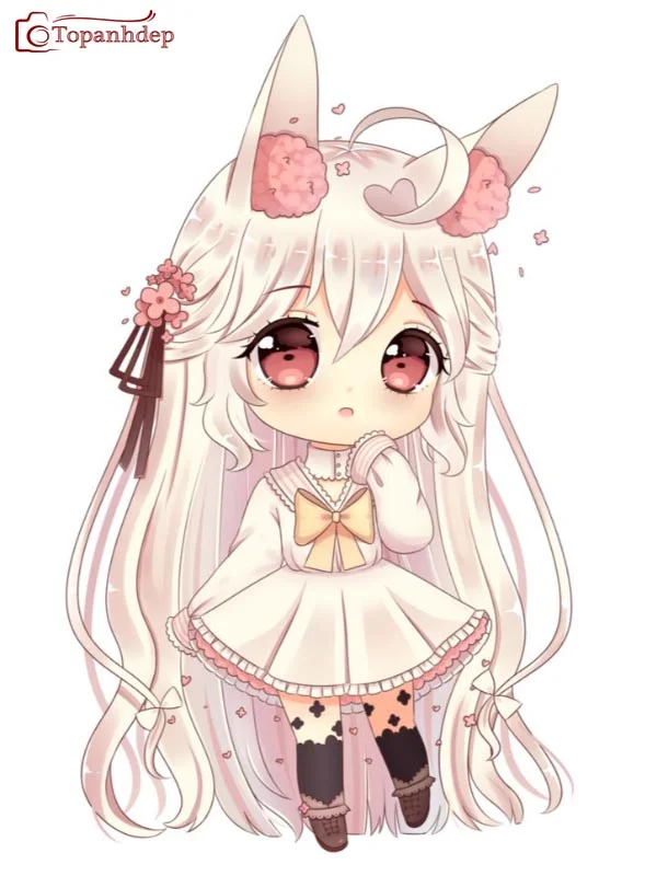 Hình nền cute nữ vẽ cô bé anime dễ thương với tai mèo, tóc trắng dài và váy trắng, trang trí hoa đào.